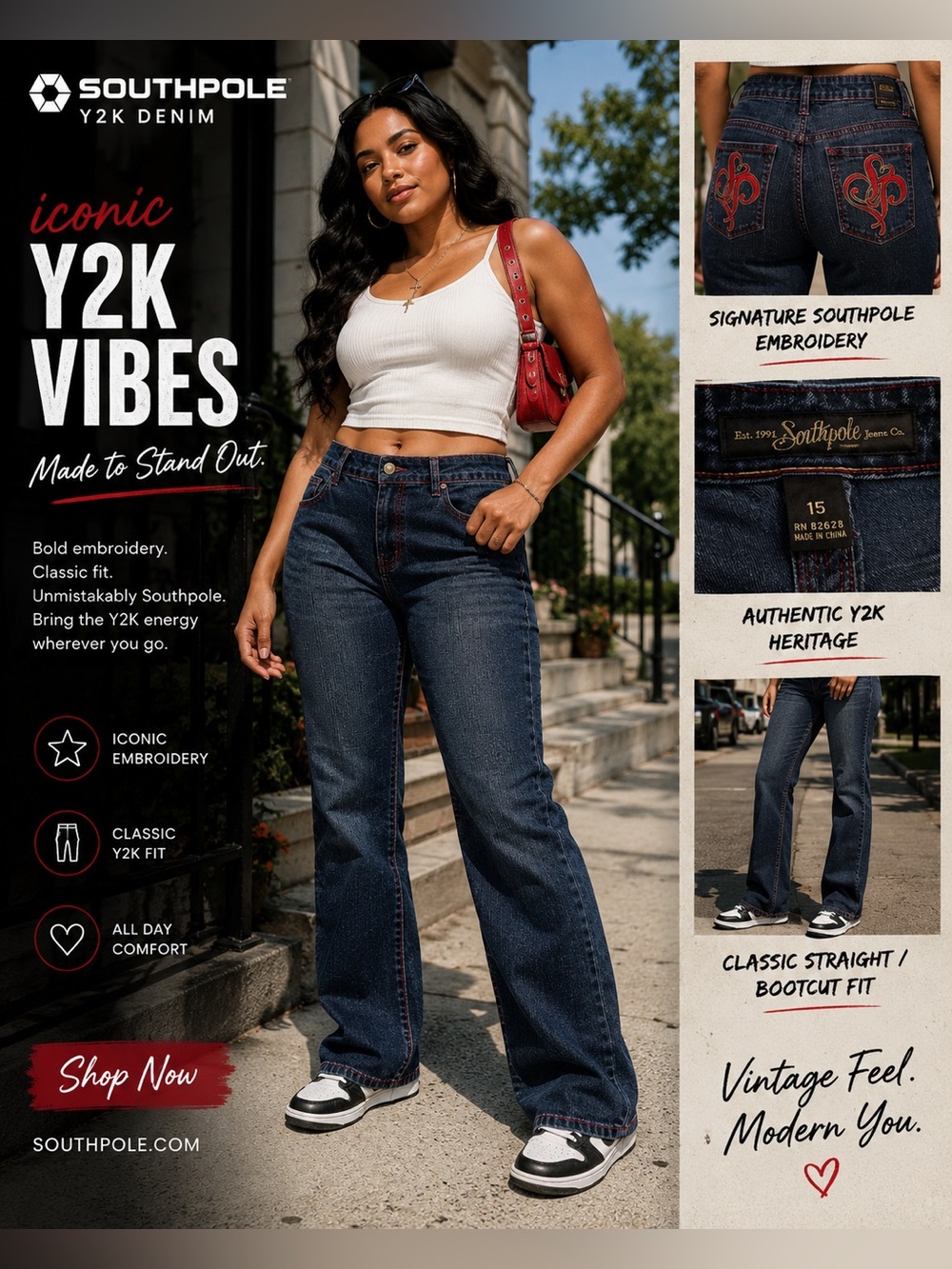 South Pole Women’s Dark Blue Bootcut Jeans with Red Embroidery